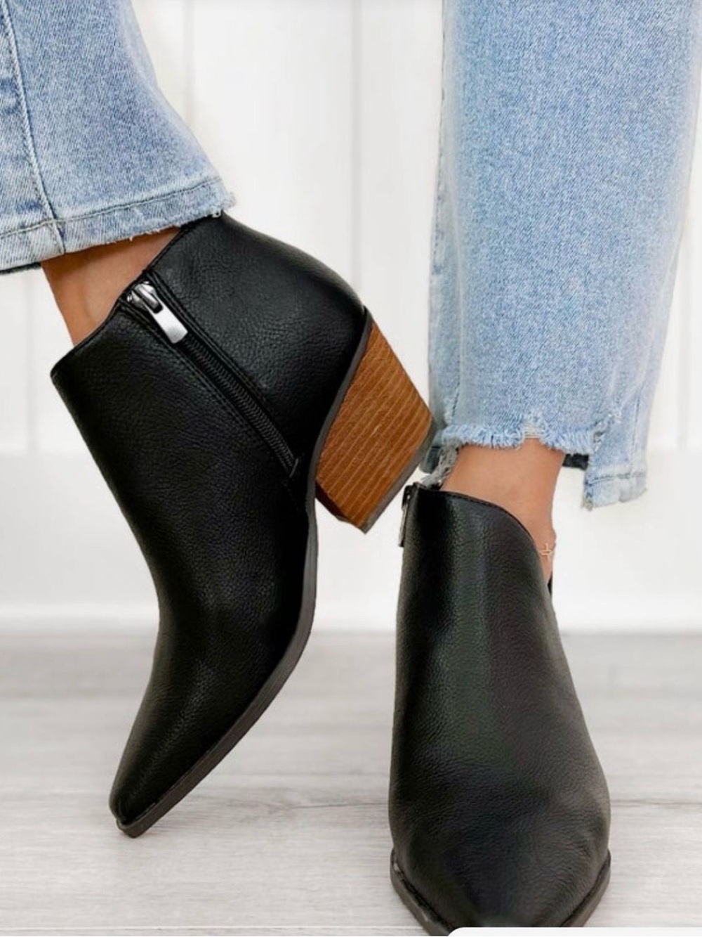 Yellow Box Black Faux Leather Ankle Booties with Brown Stacked Heel